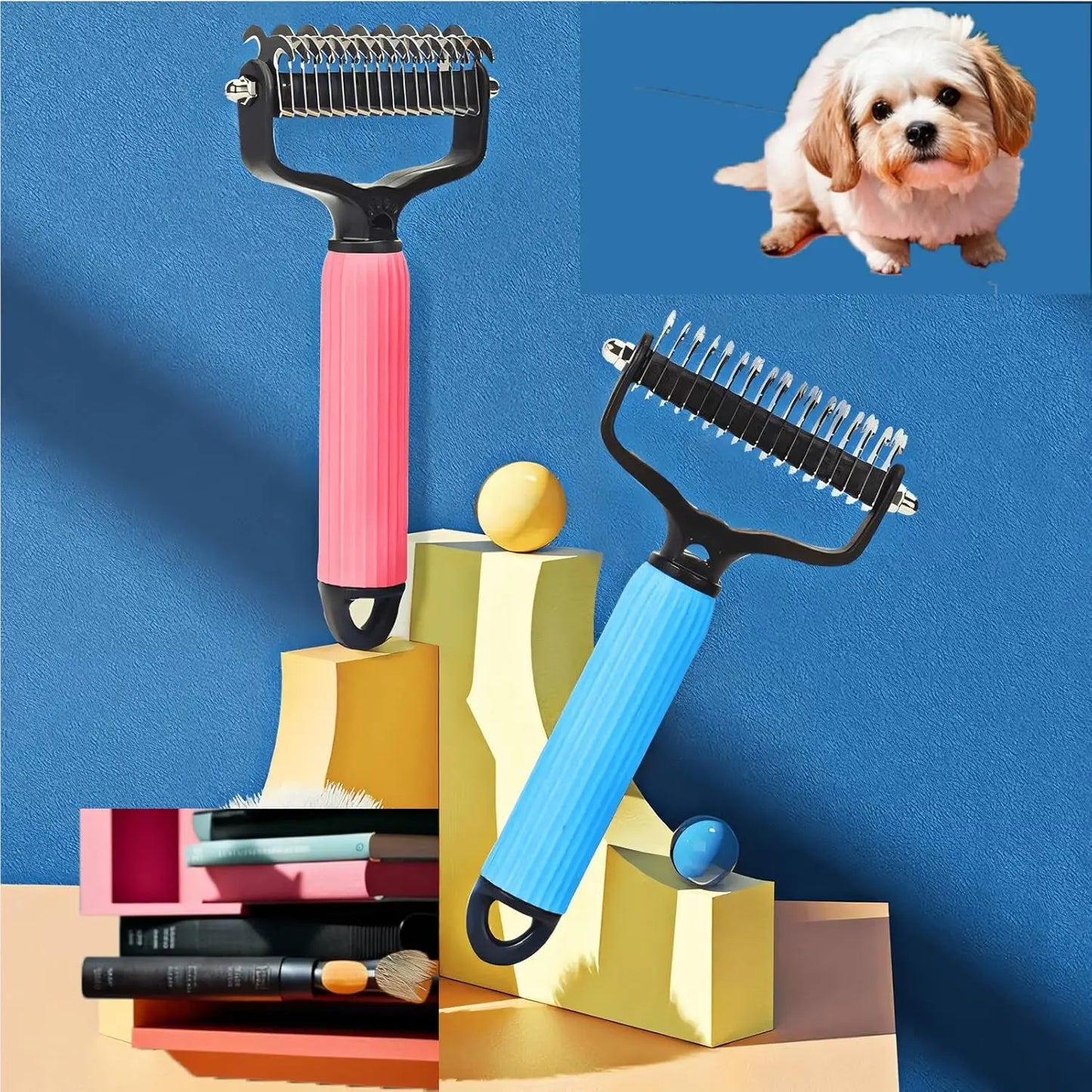 Double-Sided Dematting Comb and Deshedding Brush for Cats and Long-Haired Dogs, Pet Undercoat Rake for Effective Grooming and Matted Fur Removal