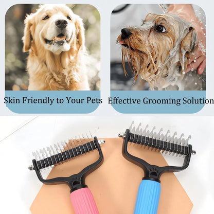 Double-Sided Dematting Comb and Deshedding Brush for Cats and Long-Haired Dogs, Pet Undercoat Rake for Effective Grooming and Matted Fur Removal